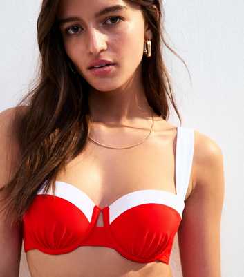 Red Contrast Trim Underwired  Padded Bikini Top