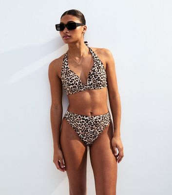 Brown Lift Shape Leopard Print Halterneck Bikini Top - Main Image