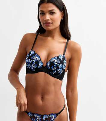 Blue Floral Embroidered Mesh T-Shirt Bra