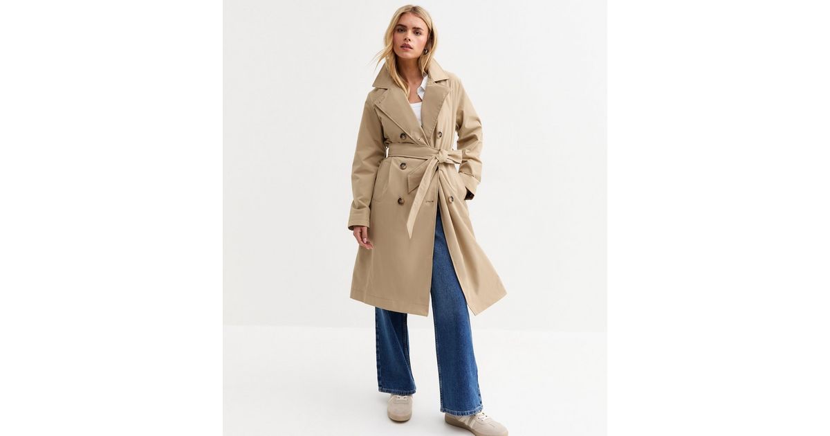 Petite Stone Double Breasted Belted Trench Coat New Look