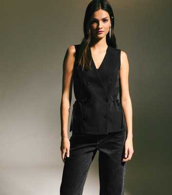 Black Double Breasted Side Tie Waistcoat