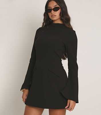 WKNDGIRL Black Bell Sleeve Crepe Mini Dress