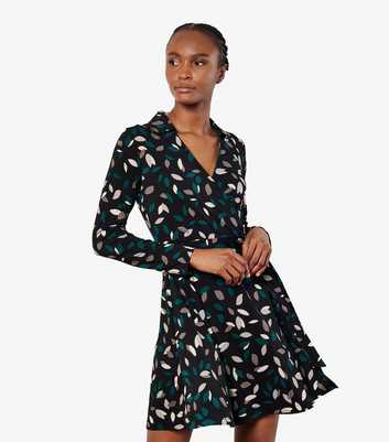 Apricot Black Leaf Print Wrap Mini Dress