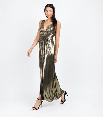 Little Mistress by Chloe Lewis Gold Foil Plunge Maxi Dress New Look