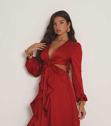 WKNDGIRL Red Satin Cut Out Maxi Dress