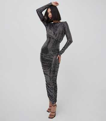 WKNDGIRL Black Ruched Metallic Midi Dress