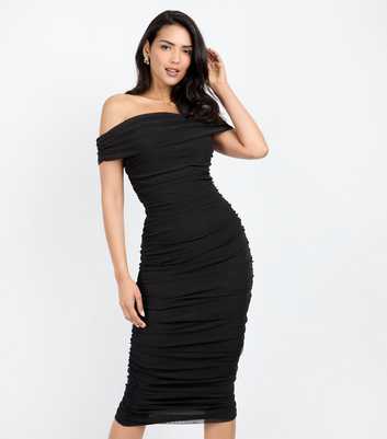 Little Mistress by Chloe Lewis Black Mesh Ruched Bardot Midi Dress