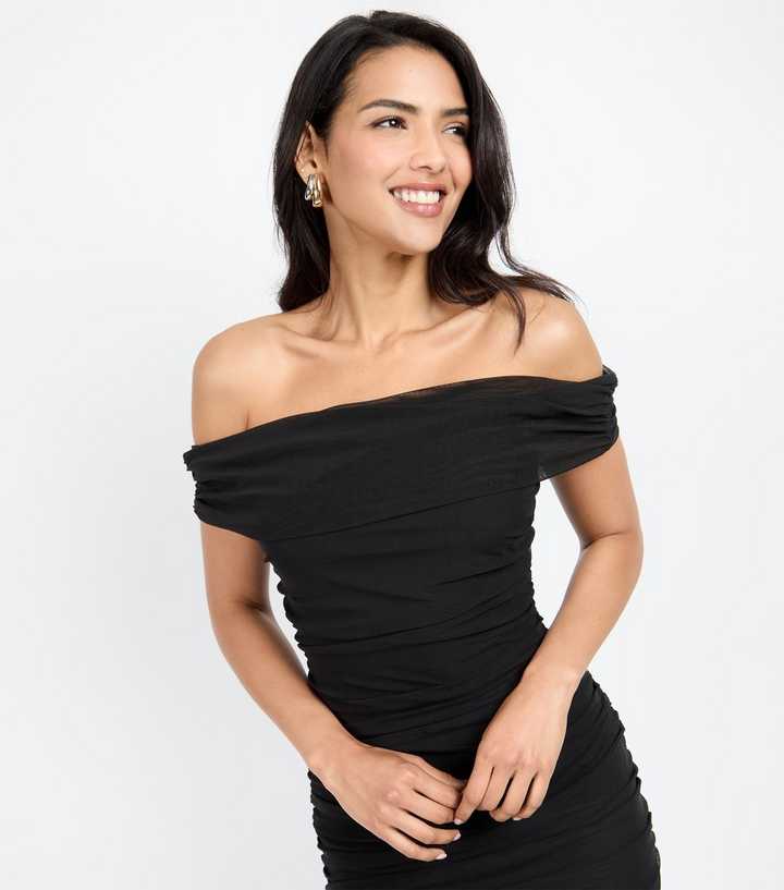 Little Mistress by Chloe Lewis Black Mesh Ruched Bardot Midi Dress | New Look Little Mistress by Chloe Lewis Black Mesh Ruched Bardot Midi Dress | New Look