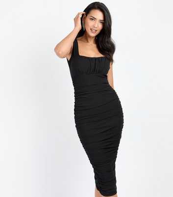 Little Mistress Black Mesh Ruched Midi Dress