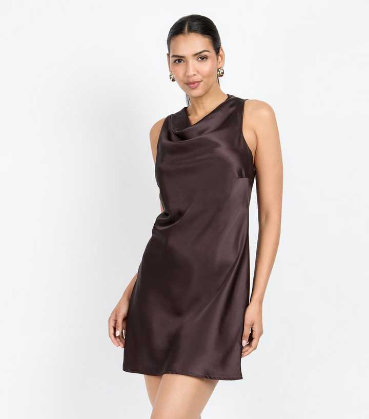 Little Mistress by Chloe Lewis Chocolate Satin Drape Neck Mini Dress | New  Look