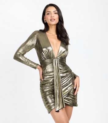 Little Mistress by Chloe Lewis Gold Draped Plunge Neck Mini Dress