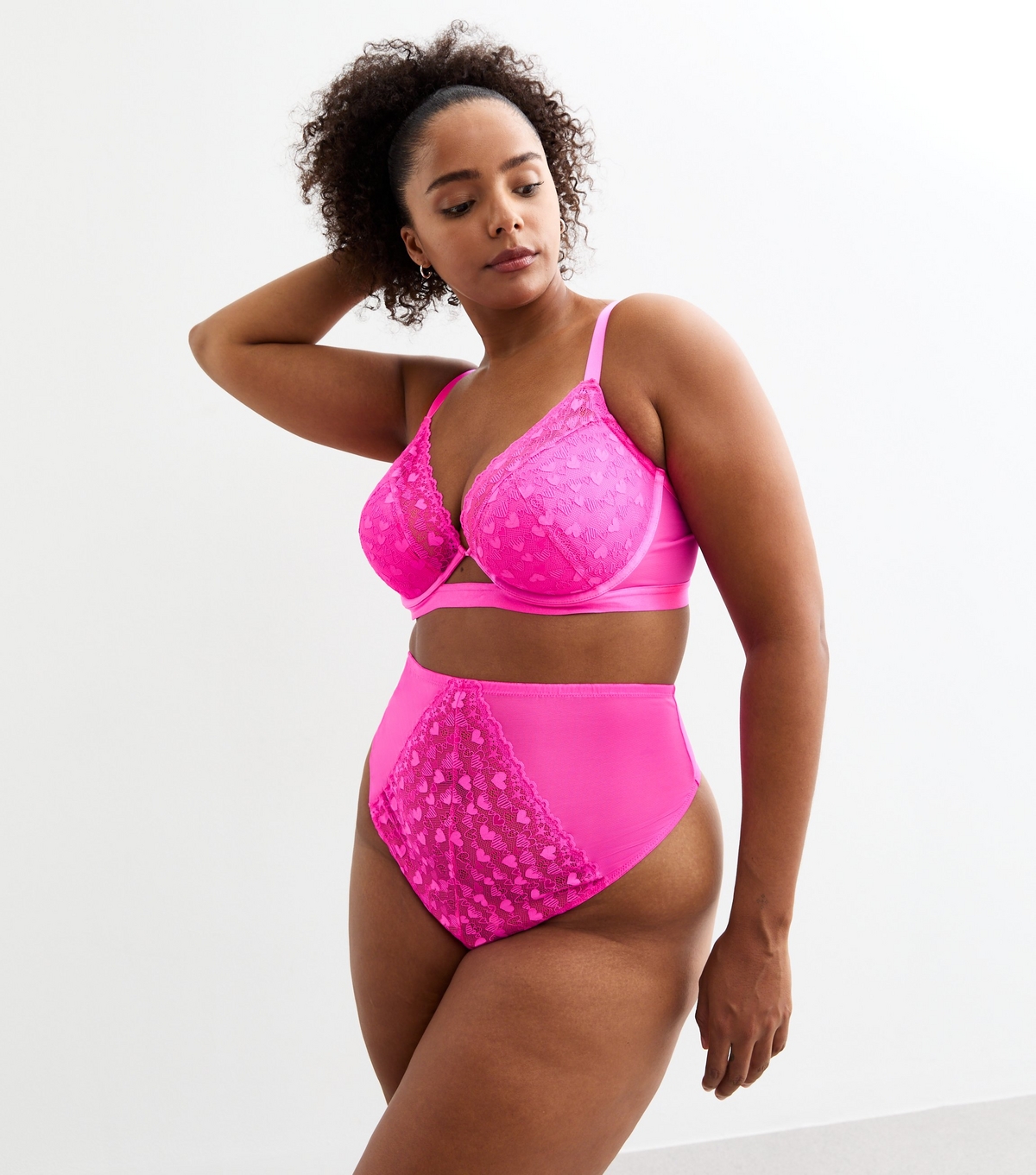 Women's Plus Size Pink Heart Lace High Waist Thong Curves New Look