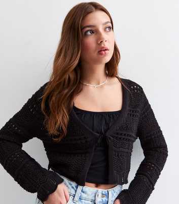 Girls Black Tie Front Crochet Cardigan