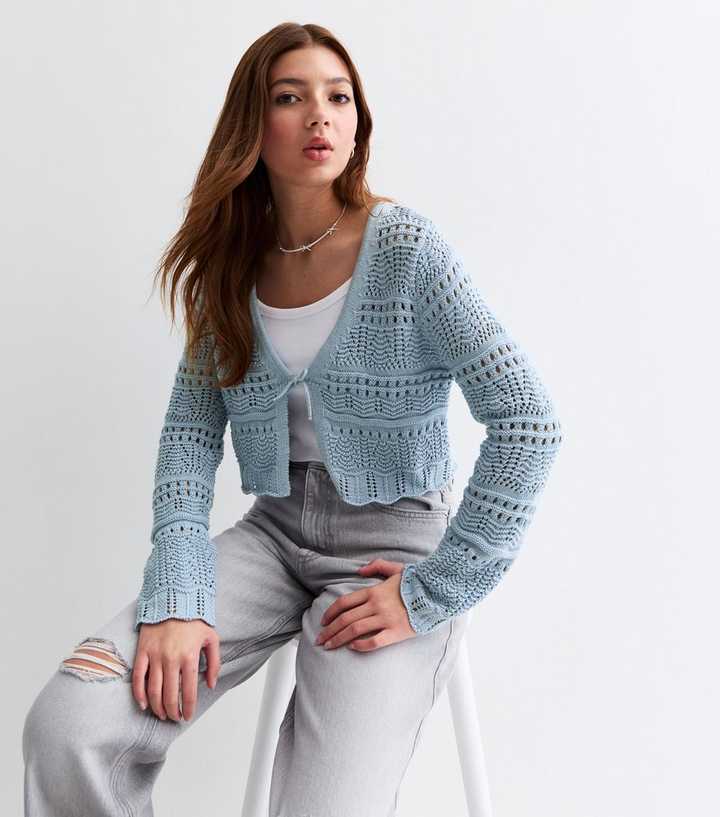 Girls Blue Tie Front Crochet Cardigan New Look