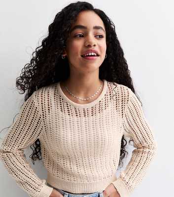 Girls Cream Open Knit Crew Neck Jumper