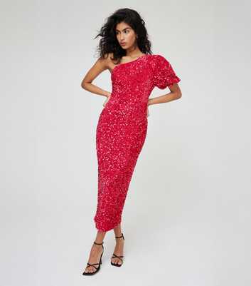 WKNDGIRL Fuchsia One Shoulder Sequin Midi Dress