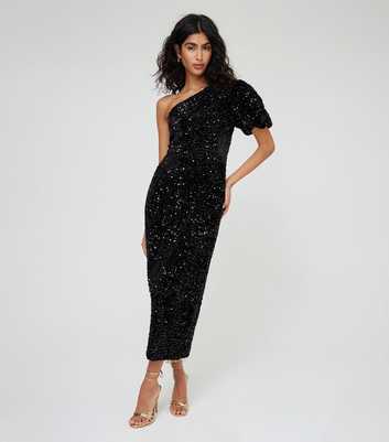 WKNDGIRL Black Sequin One Shoulder Midi dress