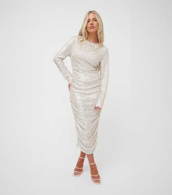 WKNDGIRL Cream Sequin Ruched Midi Dress