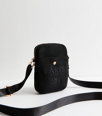 Black Paris Embroidered Canvas Phone Bag