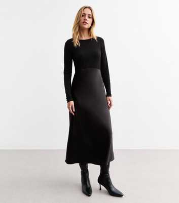 Black 2-in-1 Bias Cut Satin Midi Dress