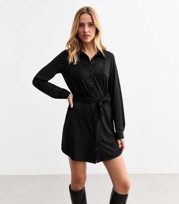 Black Faux Suede Mini Shirt Dress