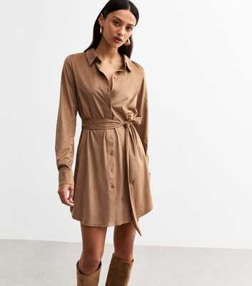 Camel Faux Suede Mini Shirt Dress