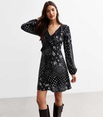 Black Polka Dot And Floral Print Mini Dress