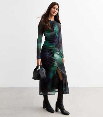 Black Tie Dye Print Ruched Mesh Midi Dress