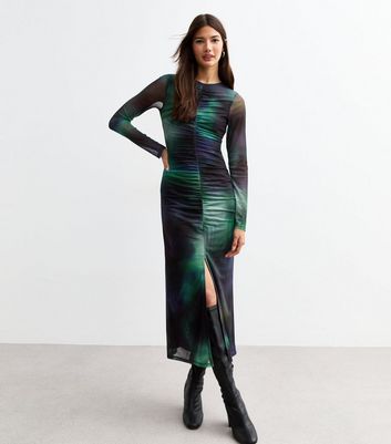 Black Tie Dye Print Ruched Mesh Midi Dress | New Look