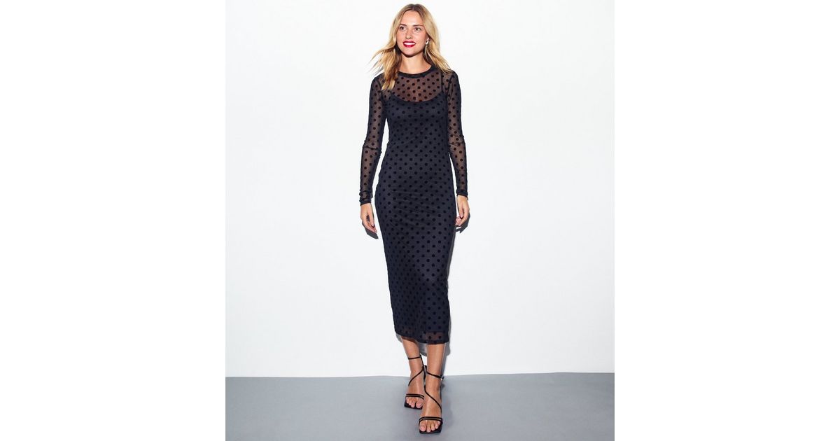 Black Flocked Polka Dot Long Sleeve Mesh Midi Dress | New Look