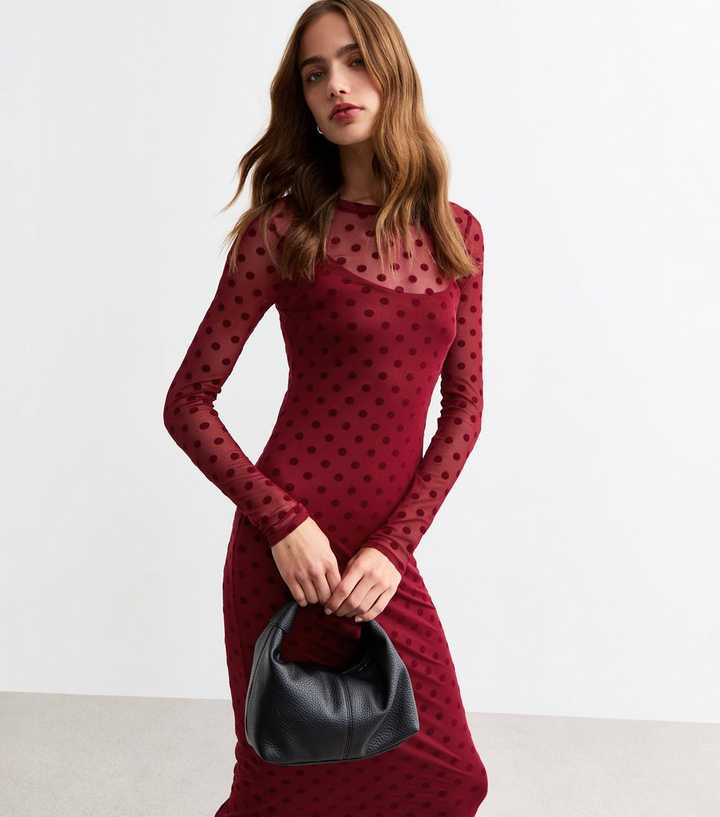 knee length dresses for ladies Burgundy Polka Dot Delilah Midi Dress