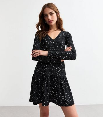 Black Polka Dot Long Sleeve Mini Dress New Look