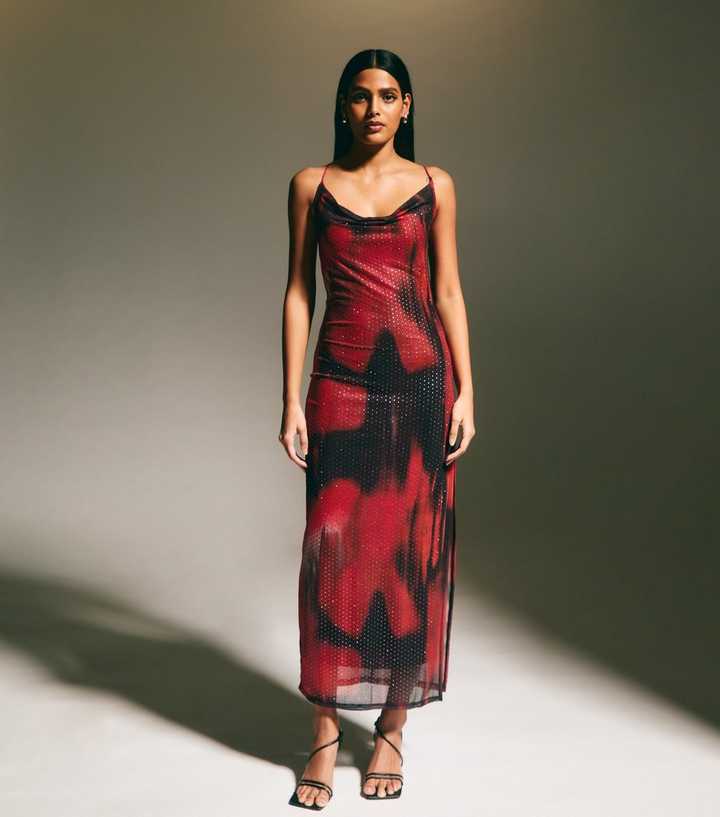 Red Embellished Side Slit Mesh Midi Dress