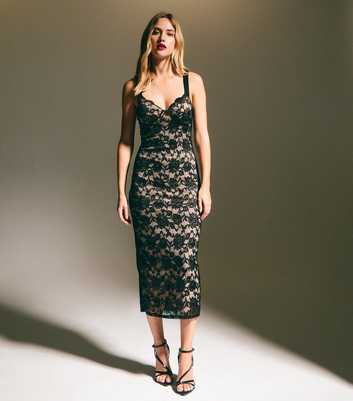 Black Floral Lace Midi Dress