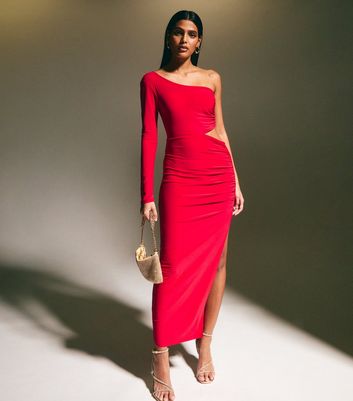 Red Cutout Ruched One Shoulder Midi Dress New Look