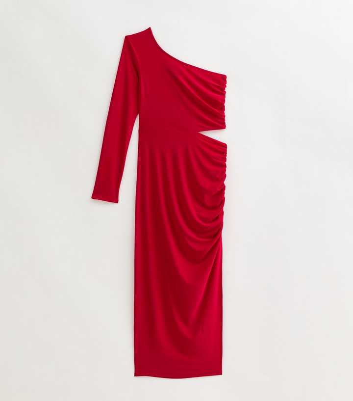 Red Cutout Ruched One Shoulder Midi Dress | New Look