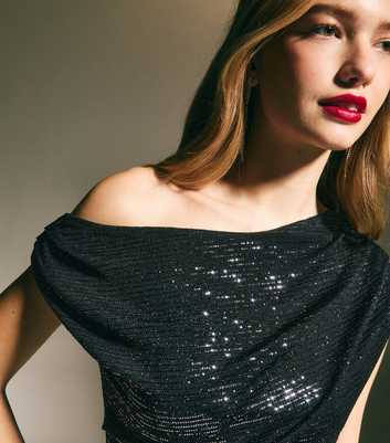 Black Sequinned Draped Top