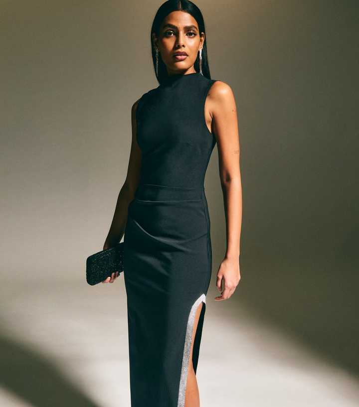 Black Diamanté Side Split Midi Dress