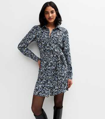 Blue Floral Print Mini Shirt Dress