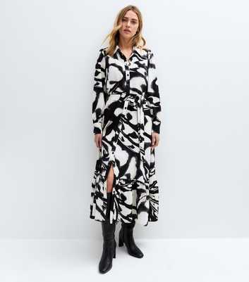 Black Blur Print Midi Shirt Dress