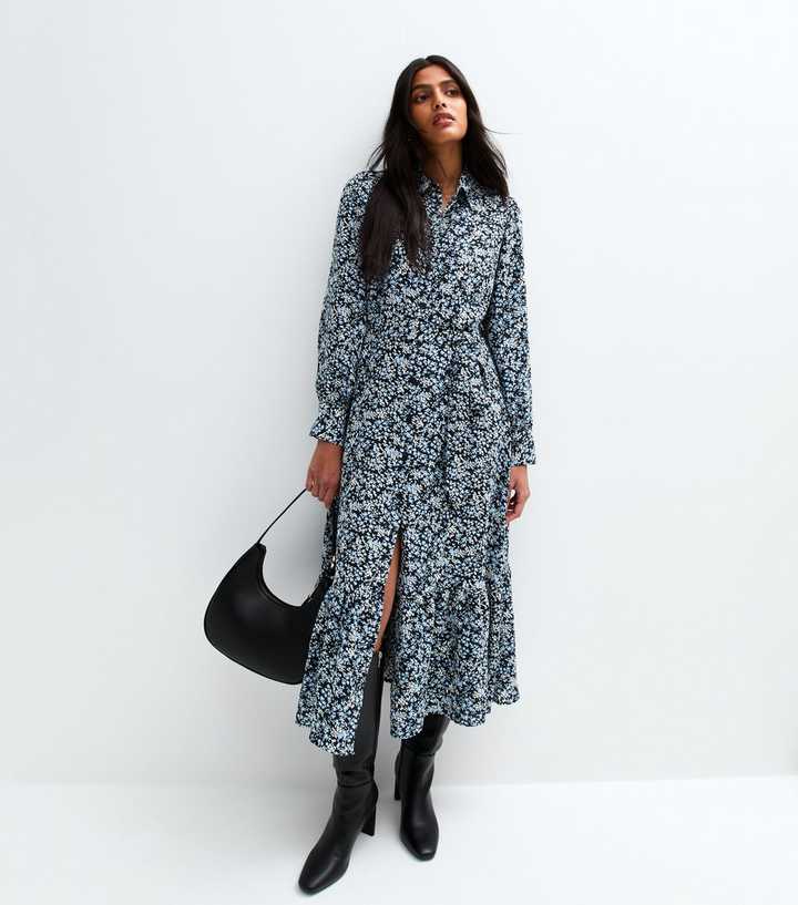 knee length dresses for ladies Blue Floral Short Sleeve Midi Dress - All Dresses