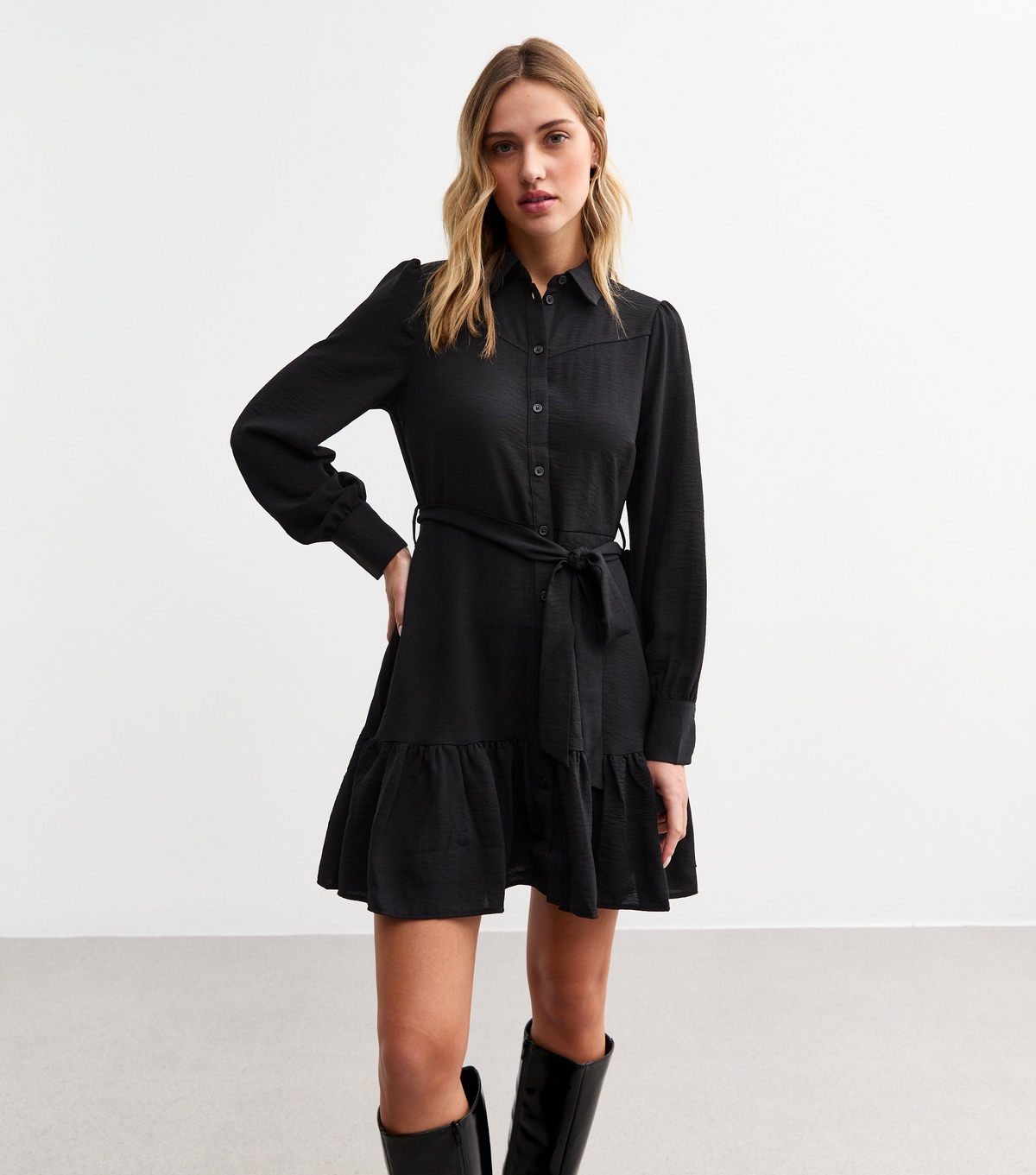 Women's Black Tiered Hem Mini Shirt Dress New Look