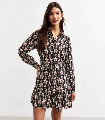 Black Floral Print Belted Mini Shirt Dress