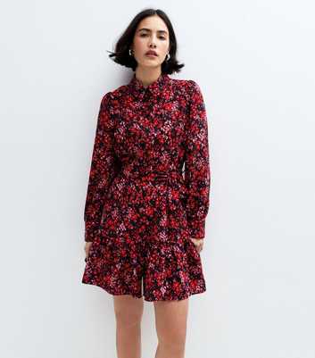 Red Floral Print High Collar Mini Shirt Dress