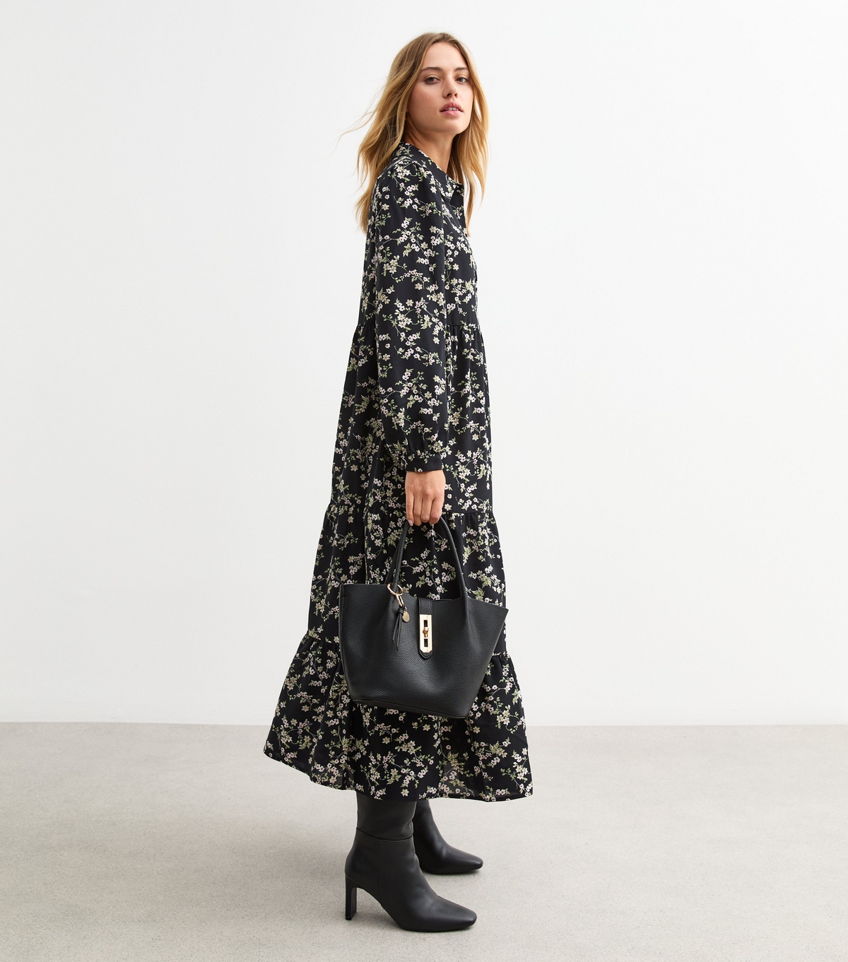 Women's Black Floral Print Tiered Shirt Midi Dress New Look