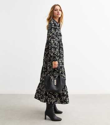 Black Floral Print Tiered Shirt Midi Dress