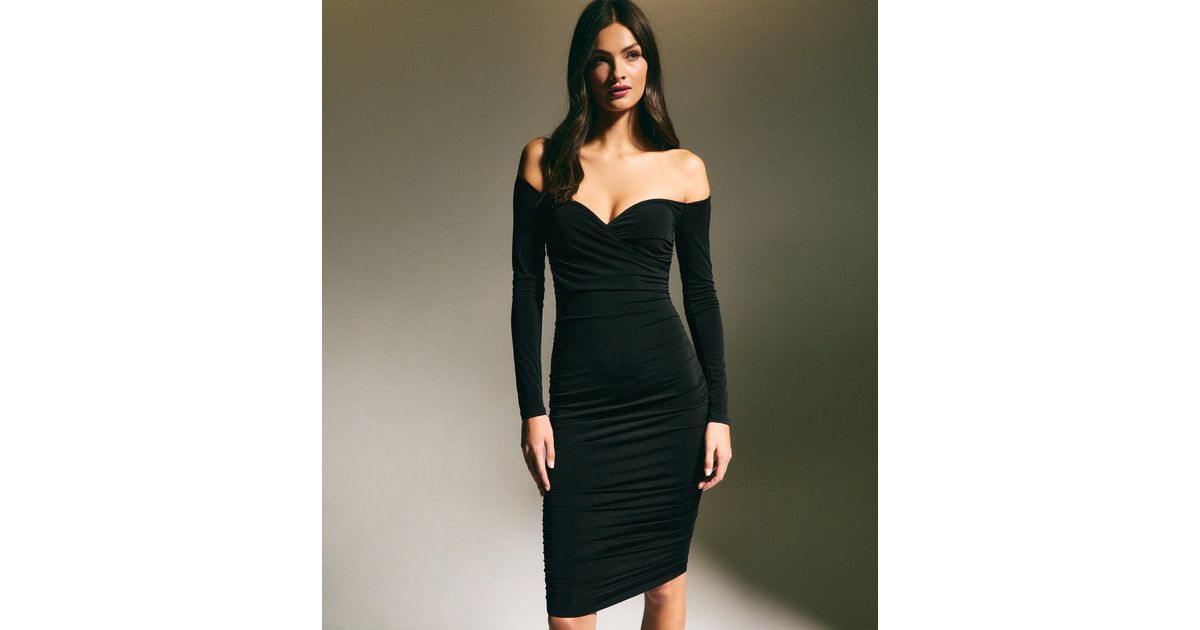 Off the Shoulder Ruched Black A Line Pleated Satin Midi Formal Dress main image 1