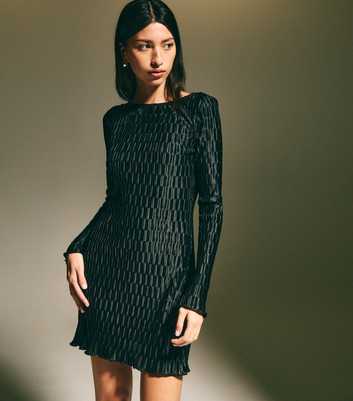 Black Plisse Long Sleeve Mini Dress