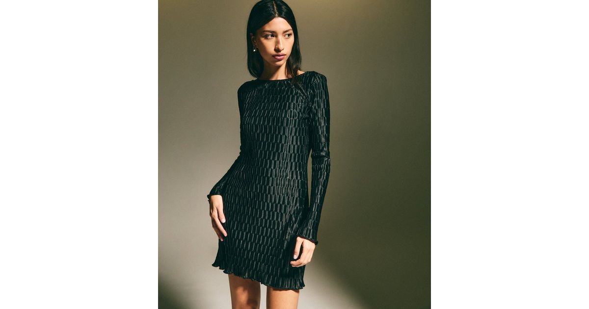 Black Plisse Long Sleeve Mini Dress | New Look