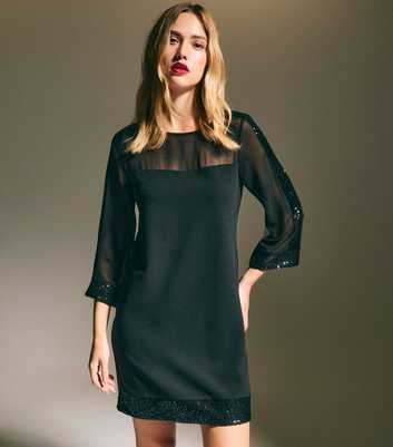 Black Sequinned Panelled Long Sleeve Mini Dress